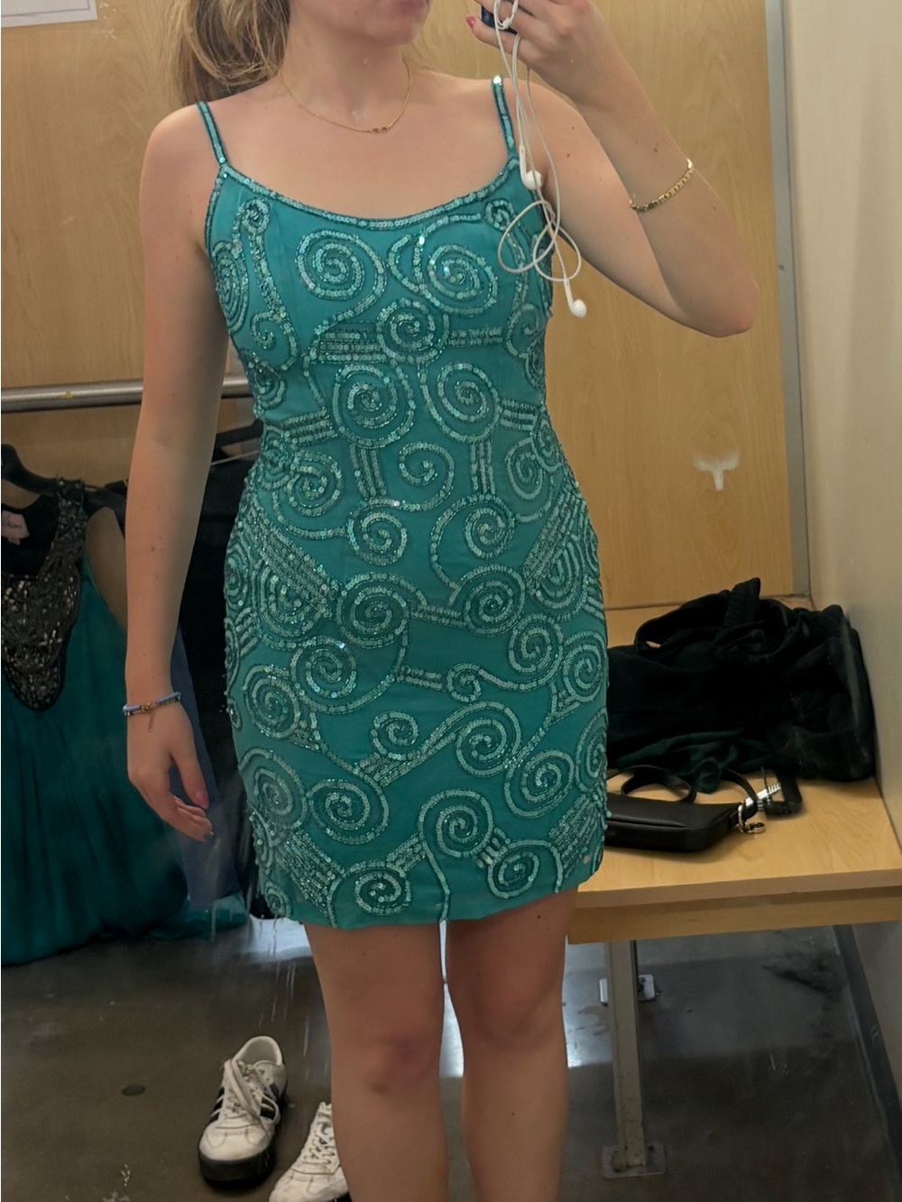 Teal hand beaded mini dress. Vintage. Fits slightly smaller than size.